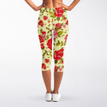 Red Pink Rose Floral Pattern Print Women's Capri Leggings