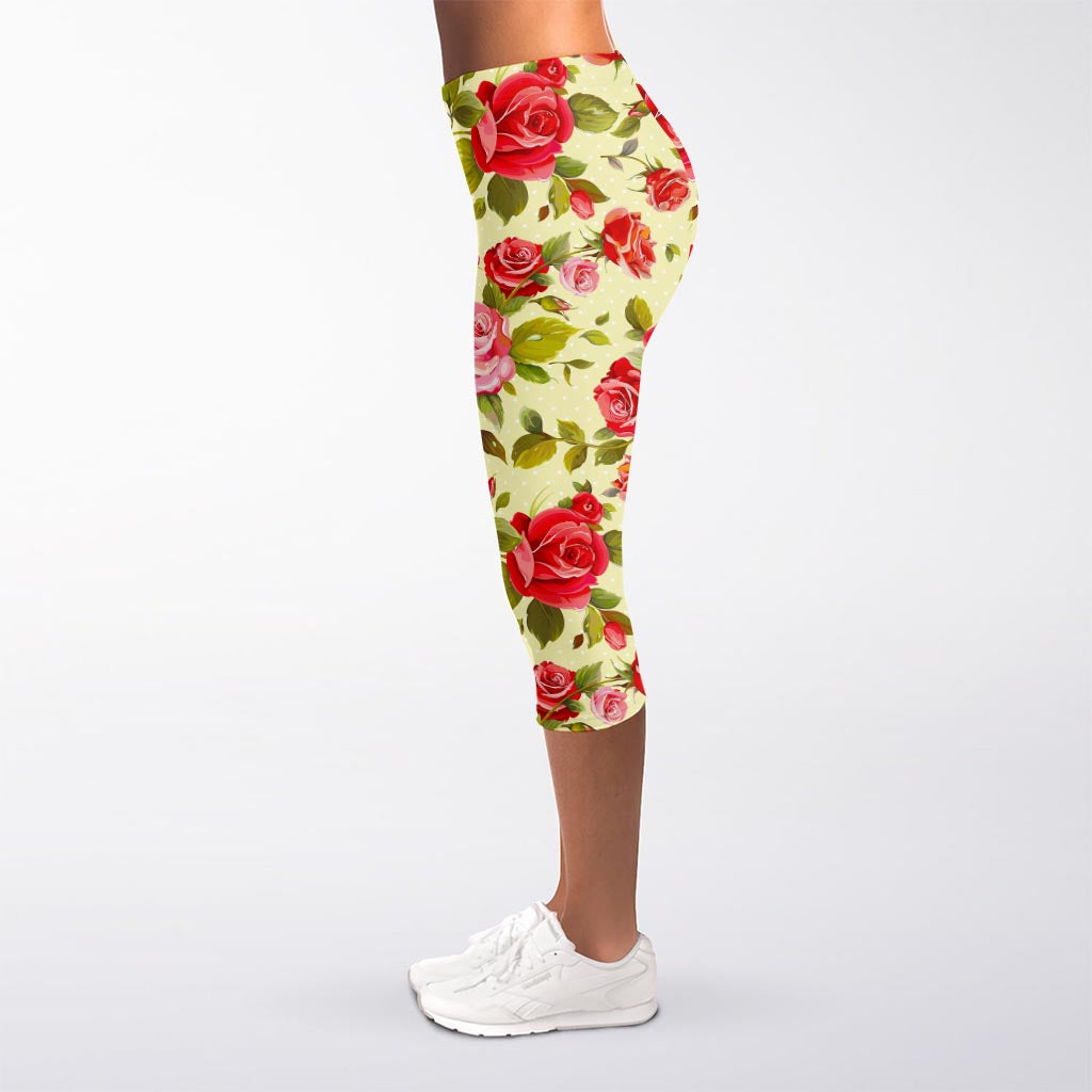 Red Pink Rose Floral Pattern Print Women's Capri Leggings