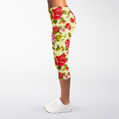 Red Pink Rose Floral Pattern Print Women's Capri Leggings