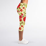 Red Pink Rose Floral Pattern Print Women's Capri Leggings