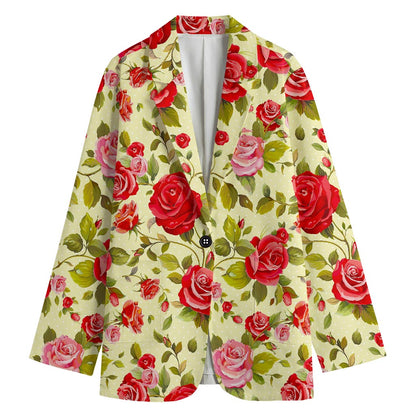 Red Pink Rose Floral Pattern Print Women's Cotton Blazer