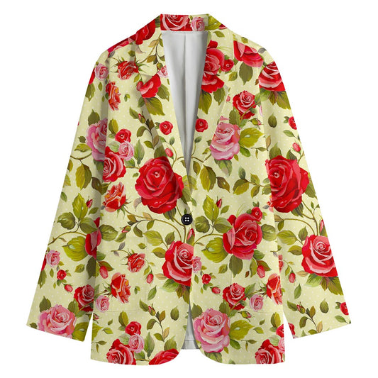 Red Pink Rose Floral Pattern Print Women's Cotton Blazer