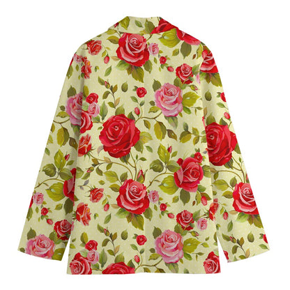 Red Pink Rose Floral Pattern Print Women's Cotton Blazer