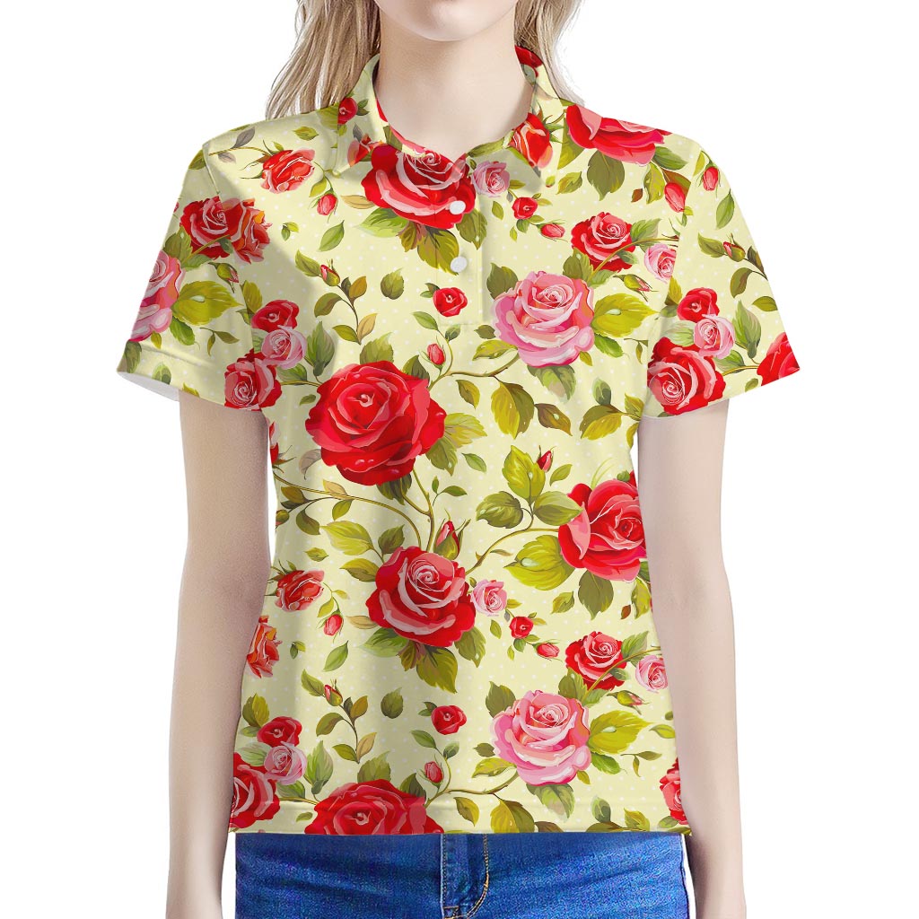 Red Pink Rose Floral Pattern Print Women's Polo Shirt