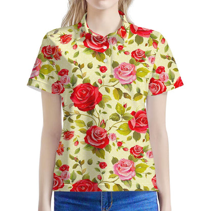 Red Pink Rose Floral Pattern Print Women's Polo Shirt