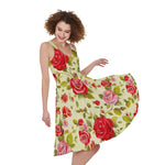 Red Pink Rose Floral Pattern Print Women's Sleeveless Dress