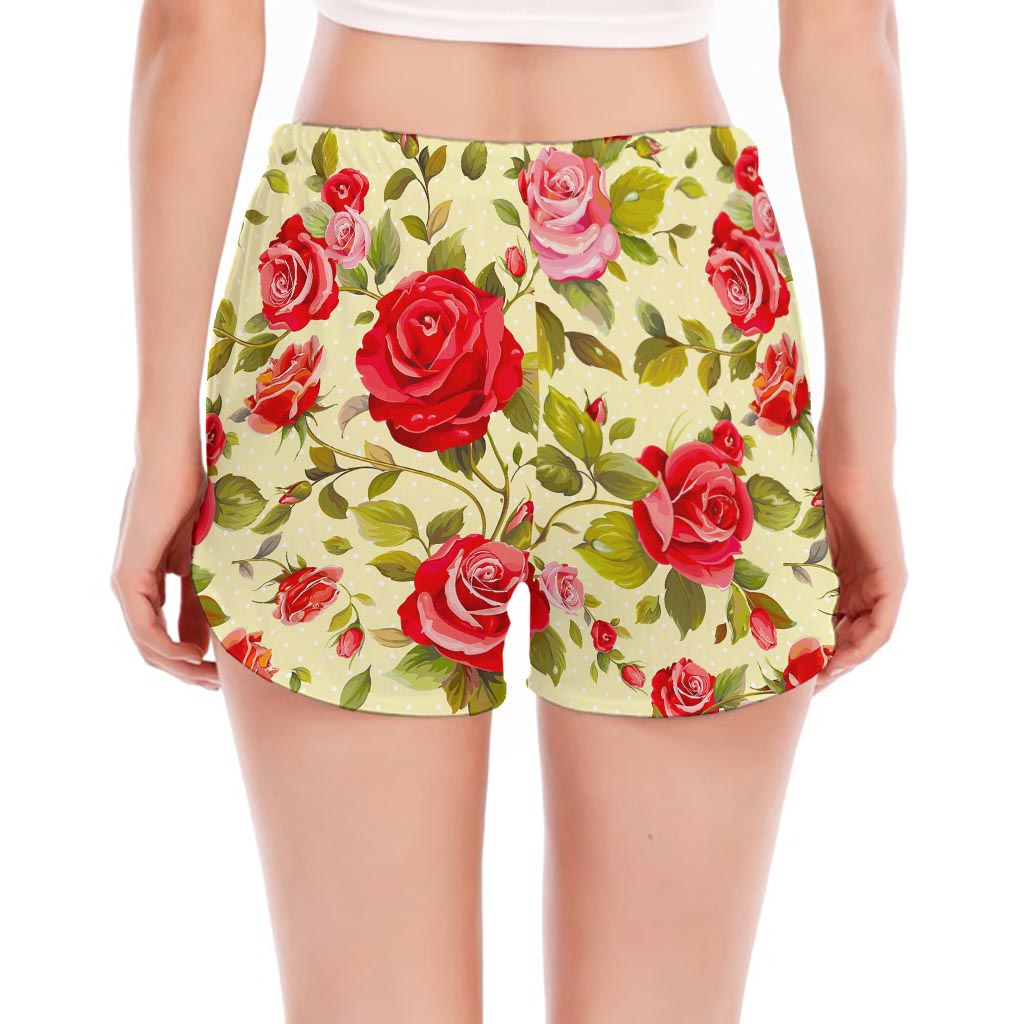 Red Pink Rose Floral Pattern Print Women's Split Running Shorts