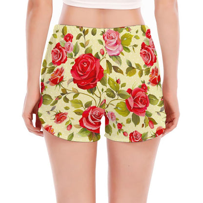 Red Pink Rose Floral Pattern Print Women's Split Running Shorts