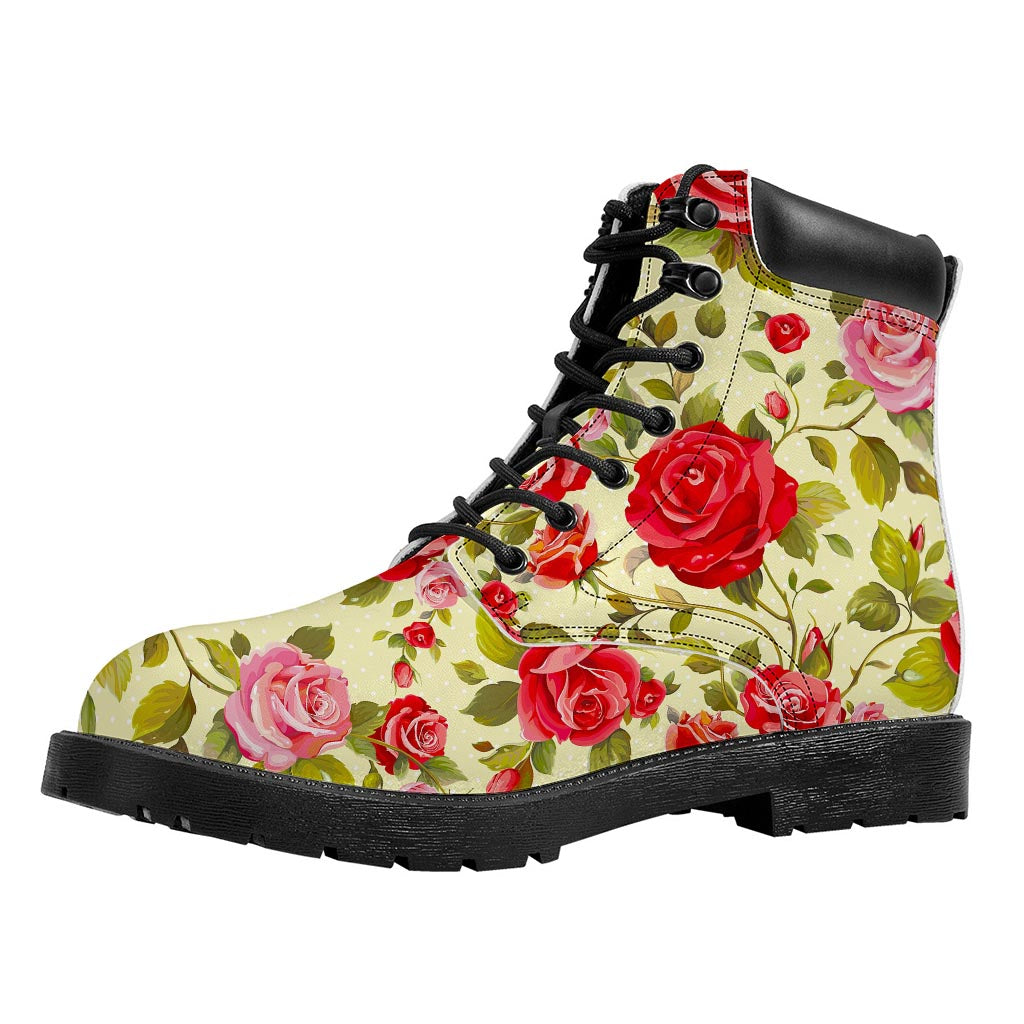 Red Pink Rose Floral Pattern Print Work Boots