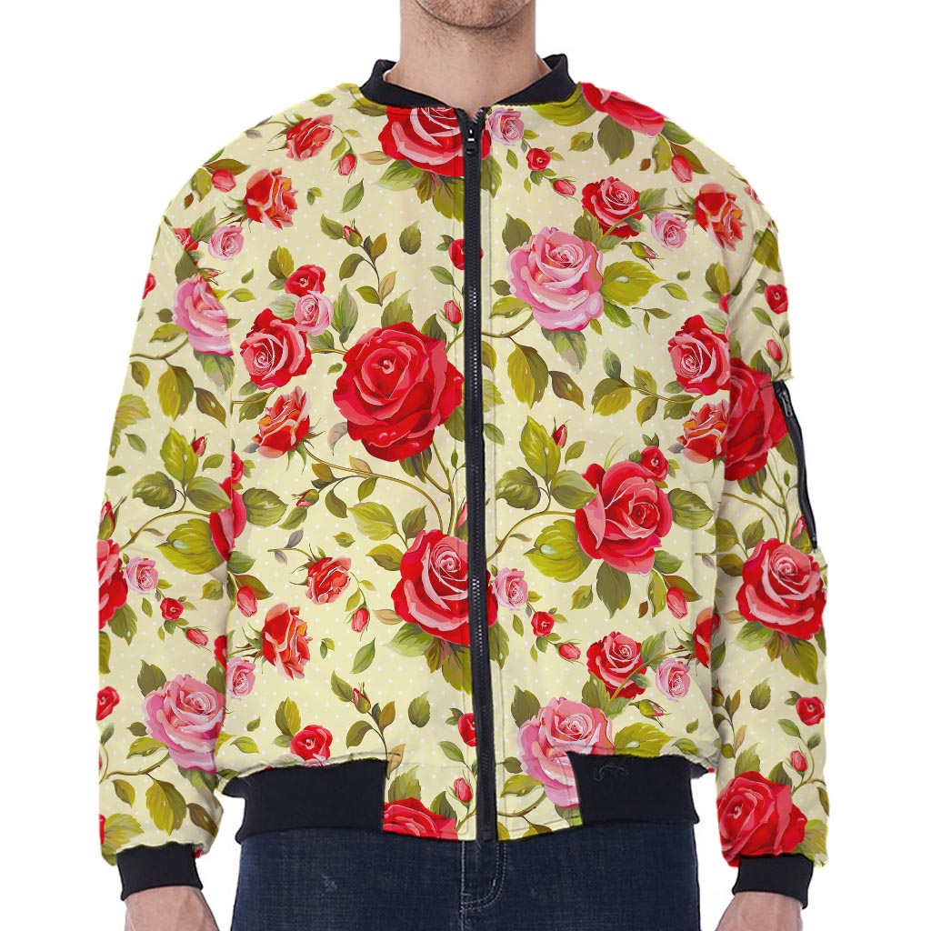 Red Pink Rose Floral Pattern Print Zip Sleeve Bomber Jacket