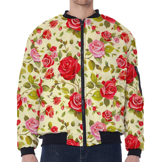 Red Pink Rose Floral Pattern Print Zip Sleeve Bomber Jacket