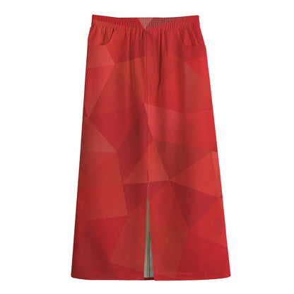 Red Polygonal Geometric Print Cotton Front Slit Maxi Skirt