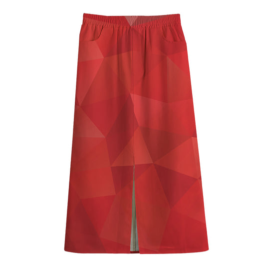 Red Polygonal Geometric Print Cotton Front Slit Maxi Skirt