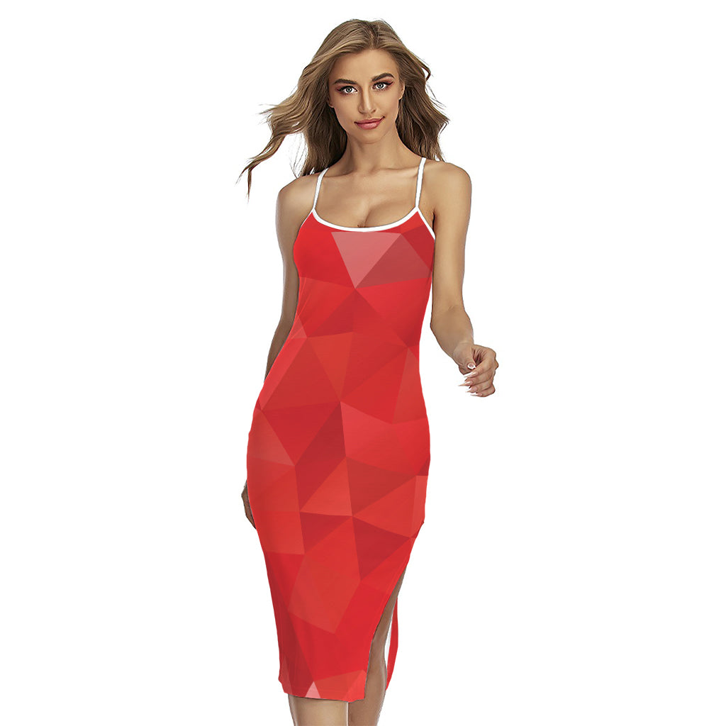 Red Polygonal Geometric Print Cross Back Cami Dress