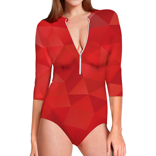 Red Polygonal Geometric Print Long Sleeve Swimsuit