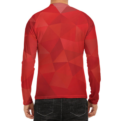Red Polygonal Geometric Print Men's Long Sleeve Rash Guard