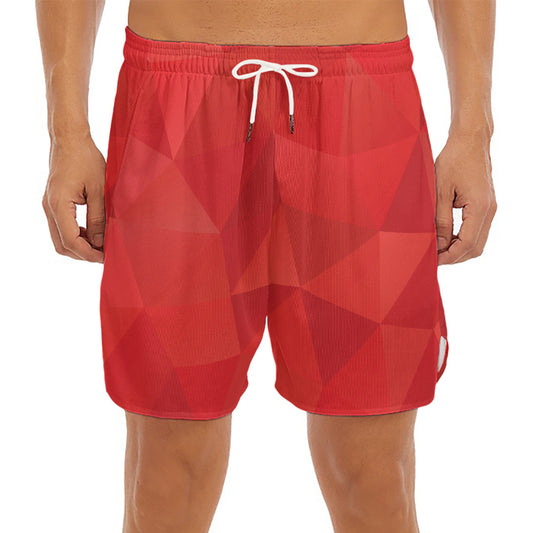 Red Polygonal Geometric Print Men's Split Running Shorts