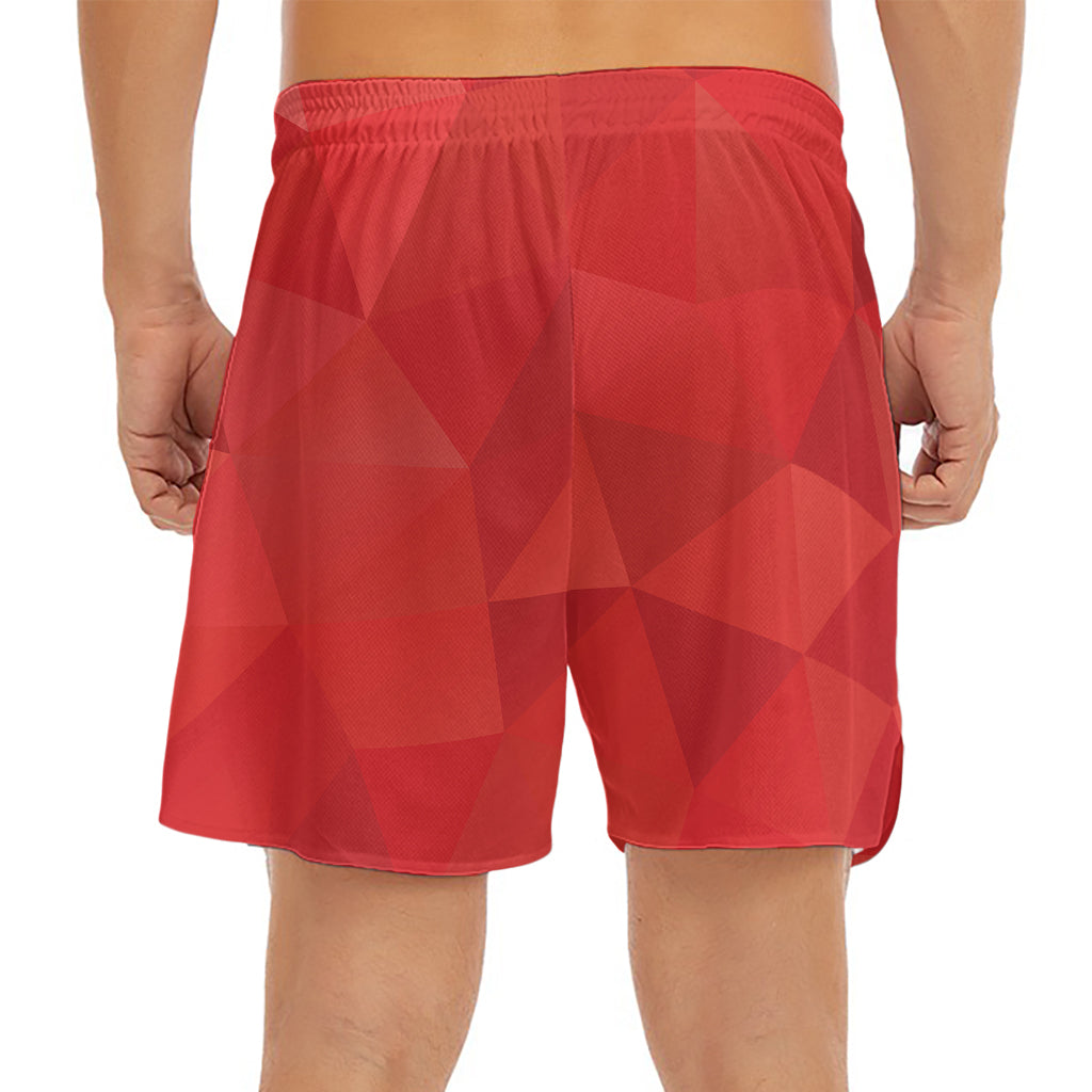 Red Polygonal Geometric Print Men's Split Running Shorts