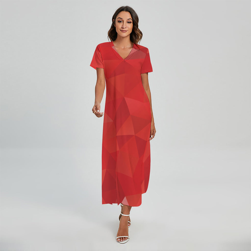 Red Polygonal Geometric Print Short Sleeve Maxi Dress
