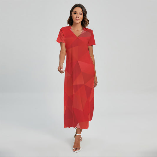Red Polygonal Geometric Print Short Sleeve Maxi Dress