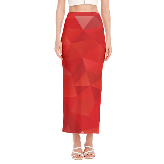 Red Polygonal Geometric Print Side Slit Maxi Skirt