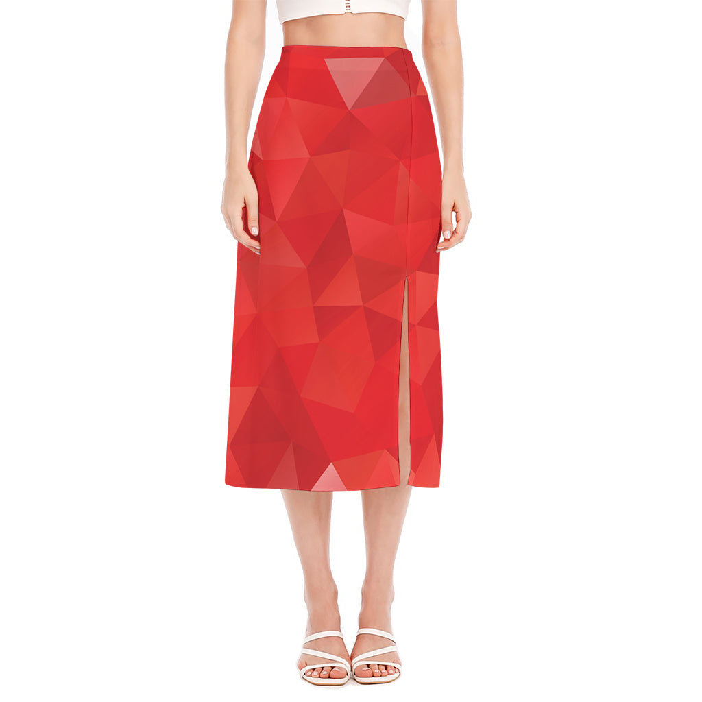 Red Polygonal Geometric Print Side Slit Midi Skirt