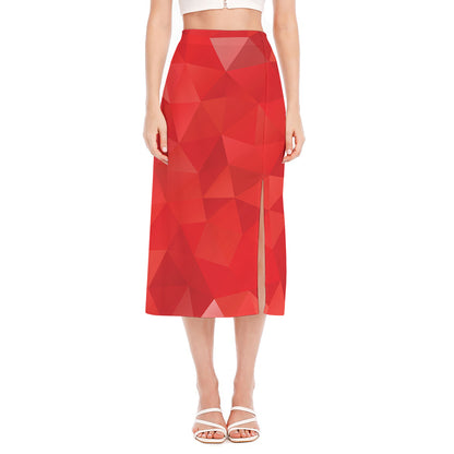 Red Polygonal Geometric Print Side Slit Midi Skirt