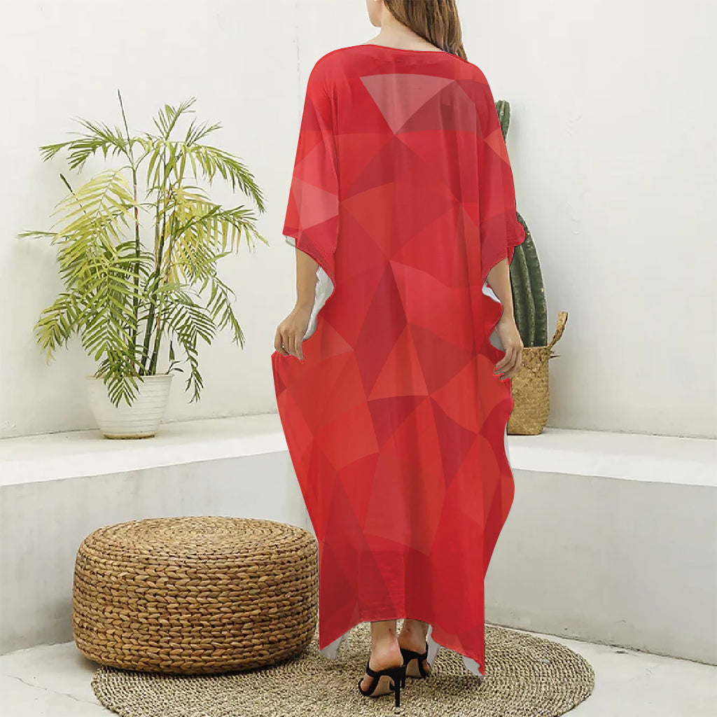 Red Polygonal Geometric Print Silk V-Neck Kaftan Dress