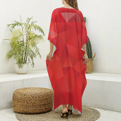 Red Polygonal Geometric Print Silk V-Neck Kaftan Dress
