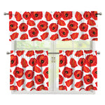 Red Poppy Pattern Print 3 Piece Kitchen Curtains