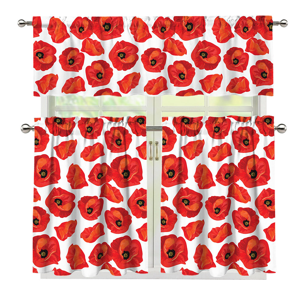 Red Poppy Pattern Print 3 Piece Kitchen Curtains