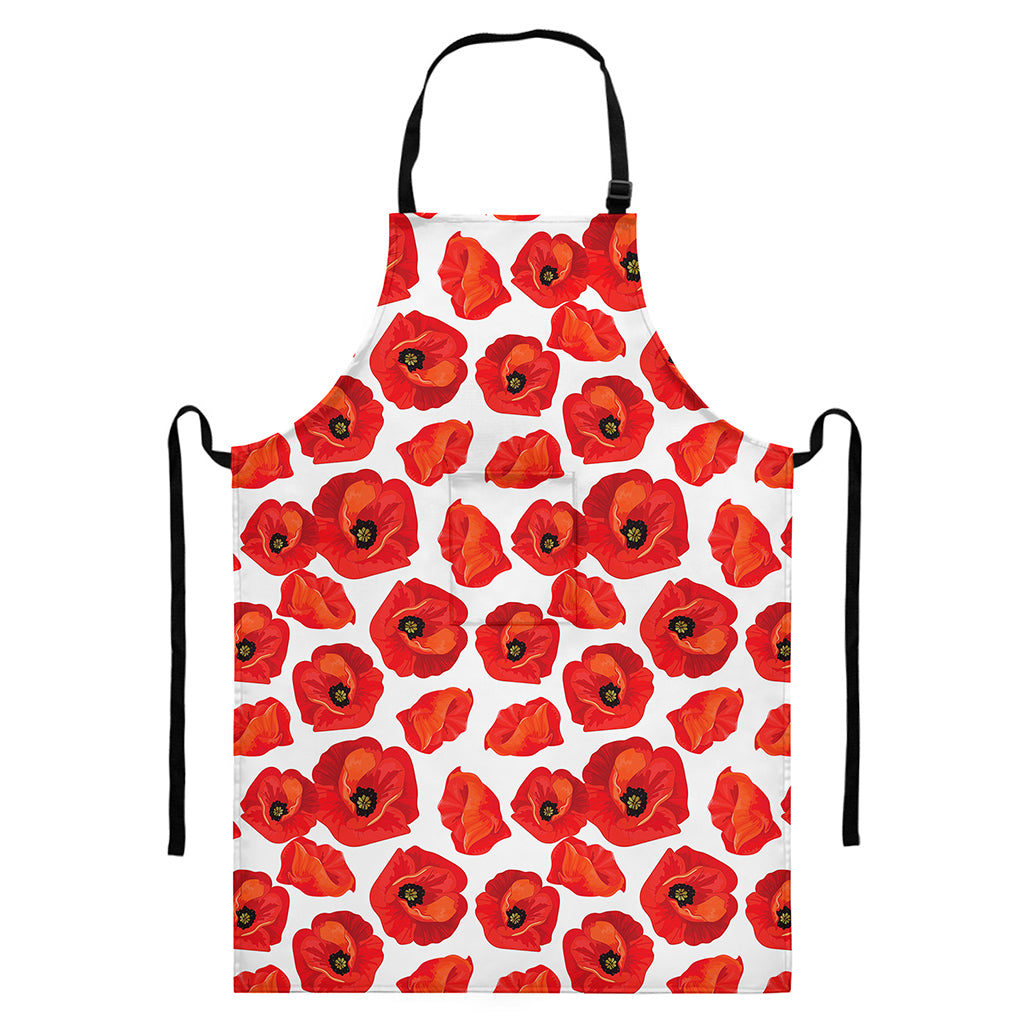 Red Poppy Pattern Print Bib Apron With Pocket
