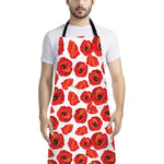 Red Poppy Pattern Print Bib Apron With Pocket