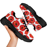 Red Poppy Pattern Print Black Chunky Shoes