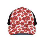 Red Poppy Pattern Print Black Mesh Trucker Cap