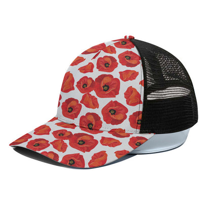 Red Poppy Pattern Print Black Mesh Trucker Cap