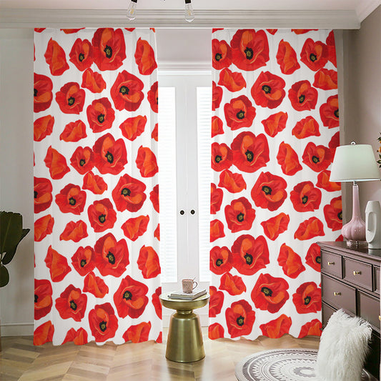 Red Poppy Pattern Print Blackout Pencil Pleat Curtains