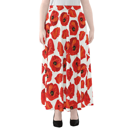 Red Poppy Pattern Print Chiffon Maxi Skirt