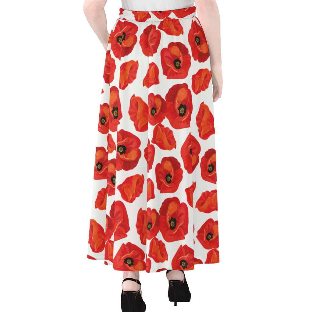 Red Poppy Pattern Print Chiffon Maxi Skirt