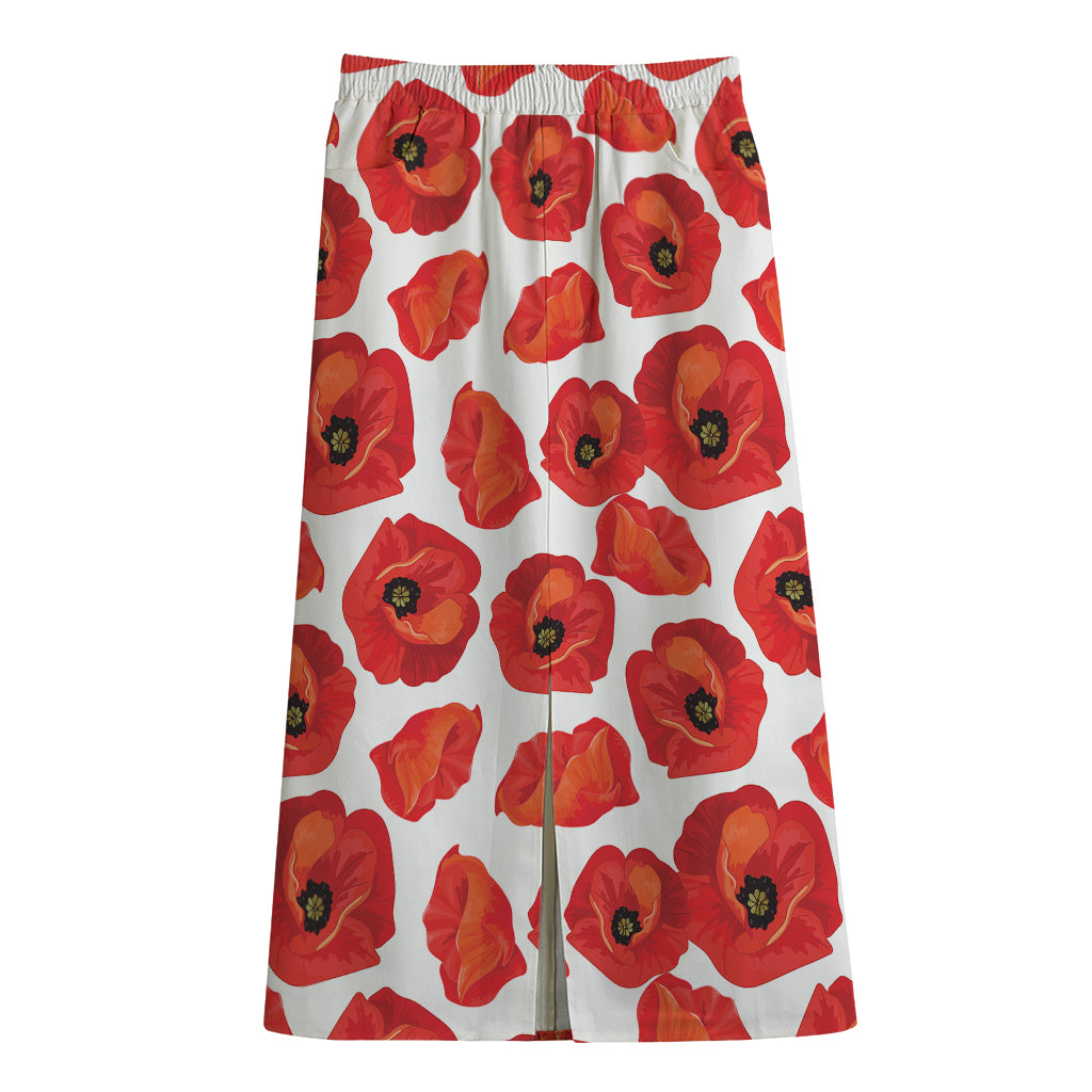Red Poppy Pattern Print Cotton Front Slit Maxi Skirt