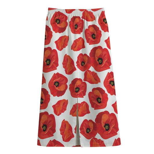 Red Poppy Pattern Print Cotton Front Slit Maxi Skirt