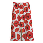Red Poppy Pattern Print Cotton Front Slit Maxi Skirt