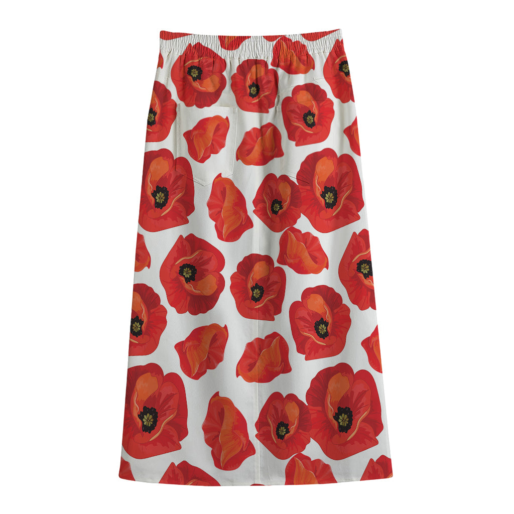 Red Poppy Pattern Print Cotton Front Slit Maxi Skirt