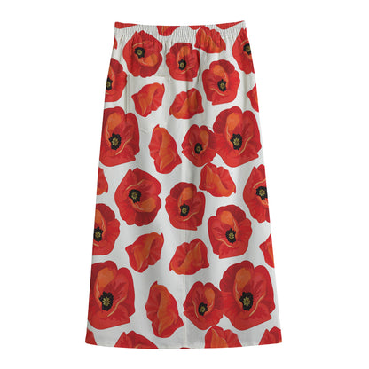 Red Poppy Pattern Print Cotton Front Slit Maxi Skirt