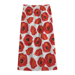 Red Poppy Pattern Print Cotton Front Slit Maxi Skirt