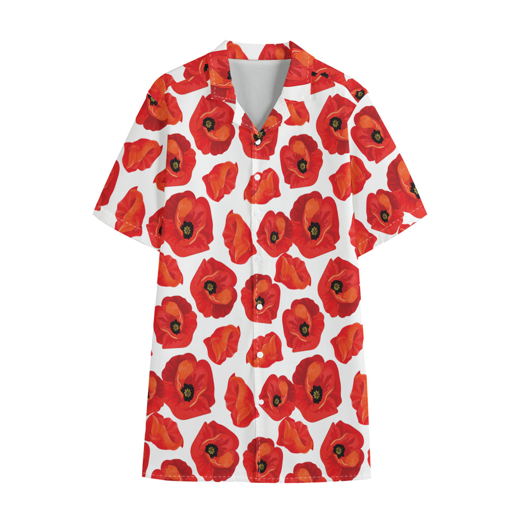 Red Poppy Pattern Print Cotton Hawaiian Shirt