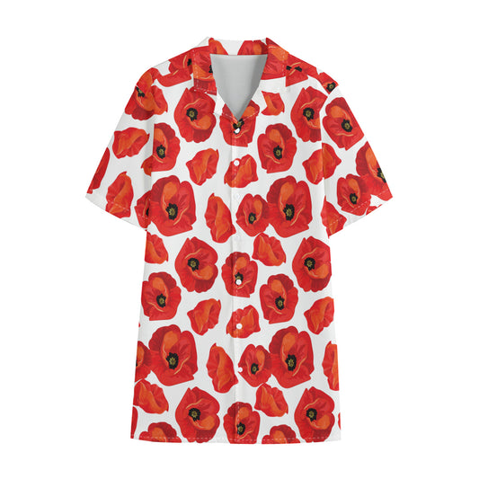 Red Poppy Pattern Print Cotton Hawaiian Shirt