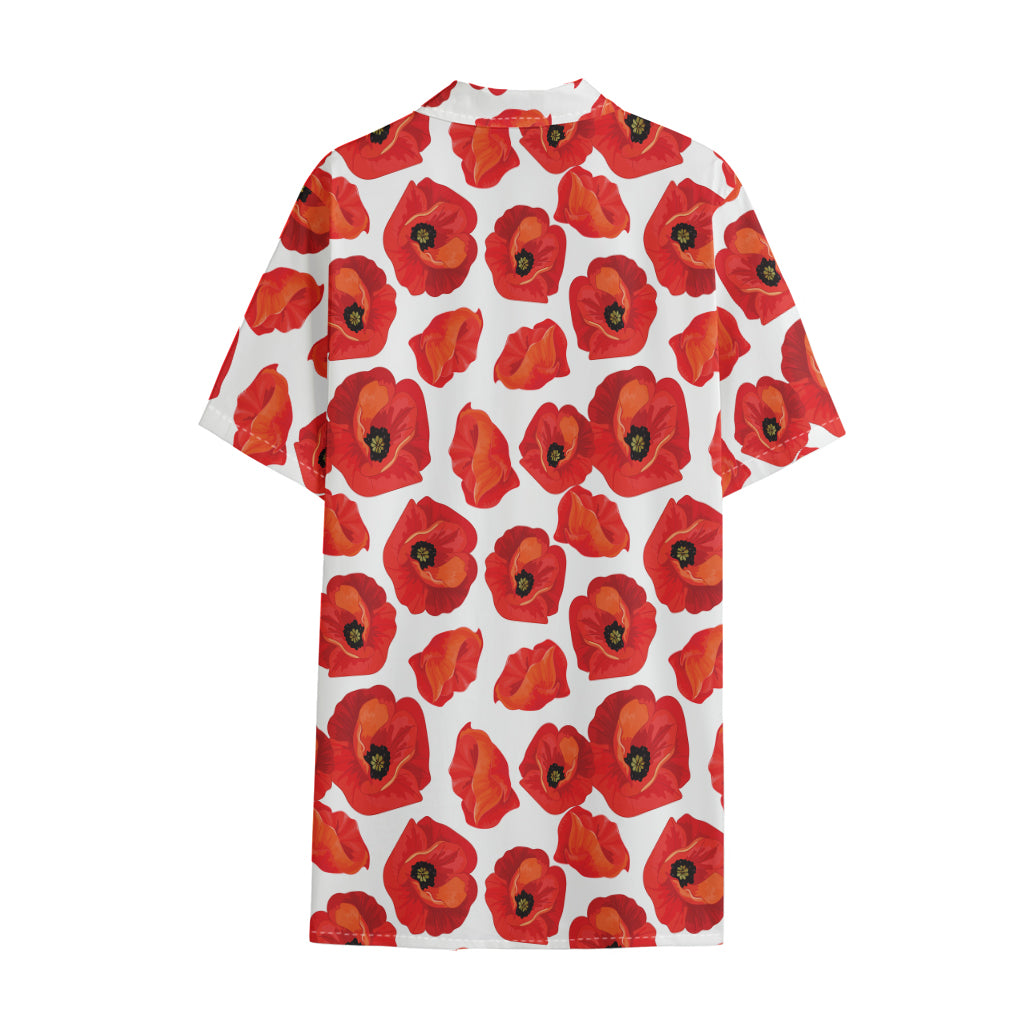 Red Poppy Pattern Print Cotton Hawaiian Shirt
