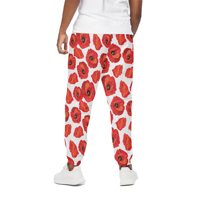 Red Poppy Pattern Print Cotton Pants