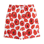 Red Poppy Pattern Print Cotton Shorts